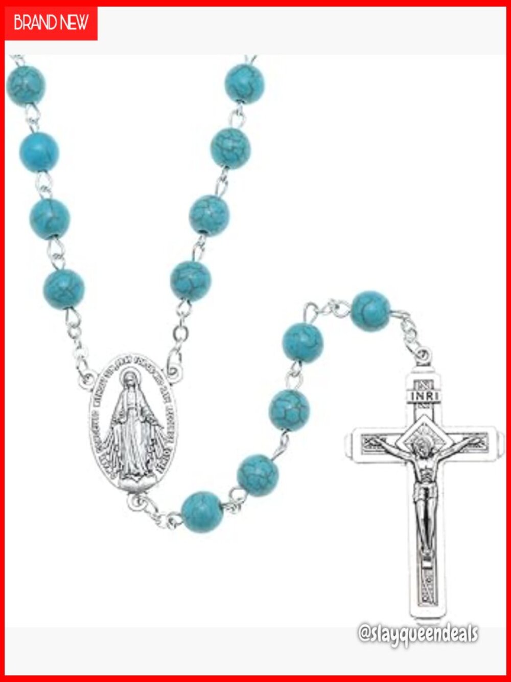 8mm Turquoise Bead Rosary Necklace with Miraculous Medal & Cross